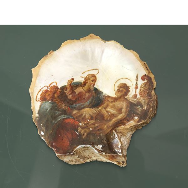 Shell painted in polychrome with biblical scene, Transit of St. Joseph