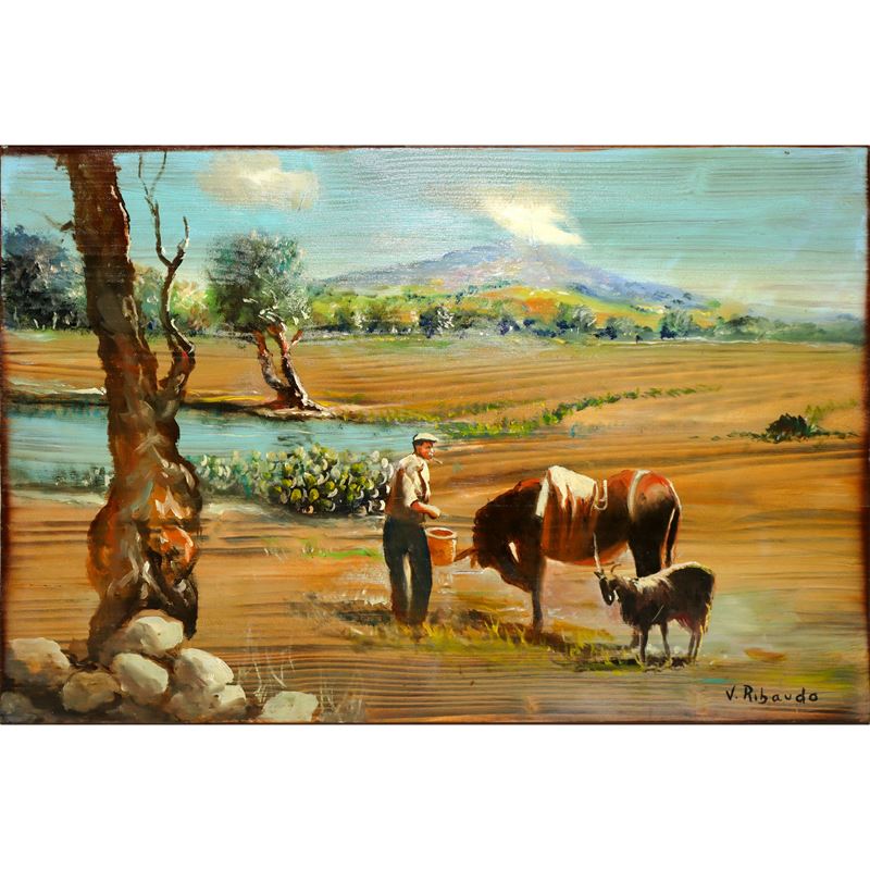 Vittorio Ribaudo - Scena Siciliana Agreste con Vista Sull'etna
