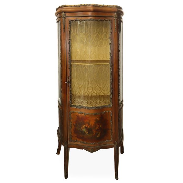 Napoleon III display cabinet in walnut with curved glass with central door, applied bronzes and lower part painted with gallant scenes