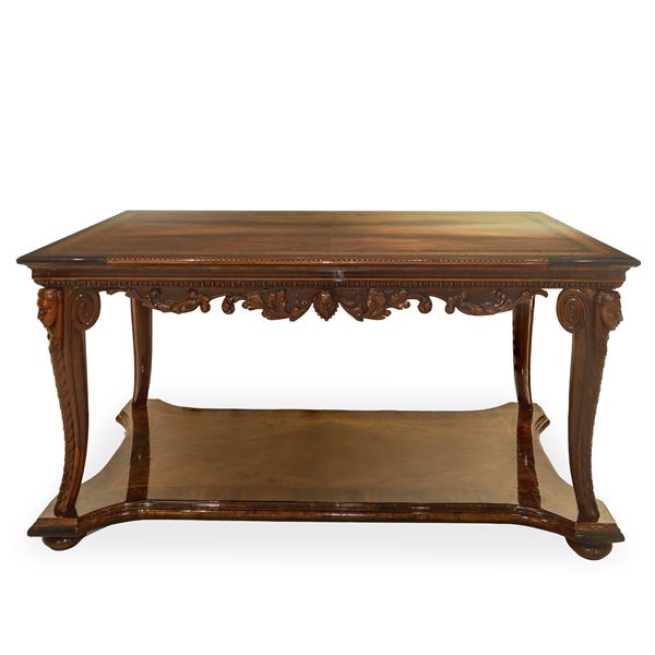 Console table with mahogany feather top and contrasting light wood perimeter border.