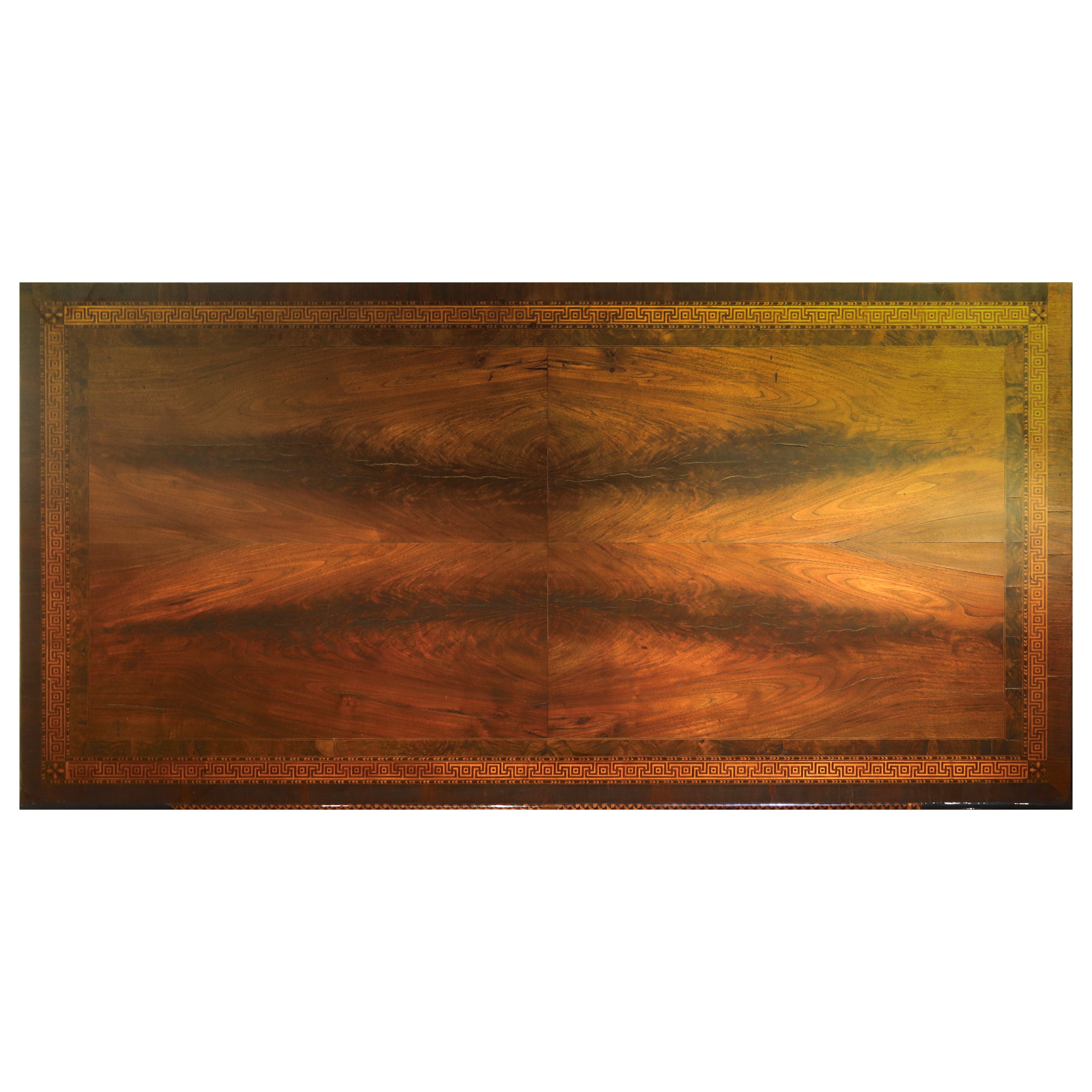 Tavolo Console in piano in piuma di mogano con greca perimetrale in legni chiari a contrasto.