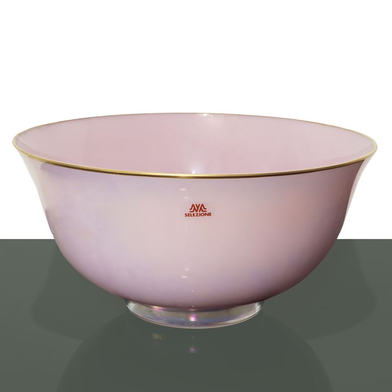 Ciotola in vetro di Murano opalescente rosa e bordo dorato