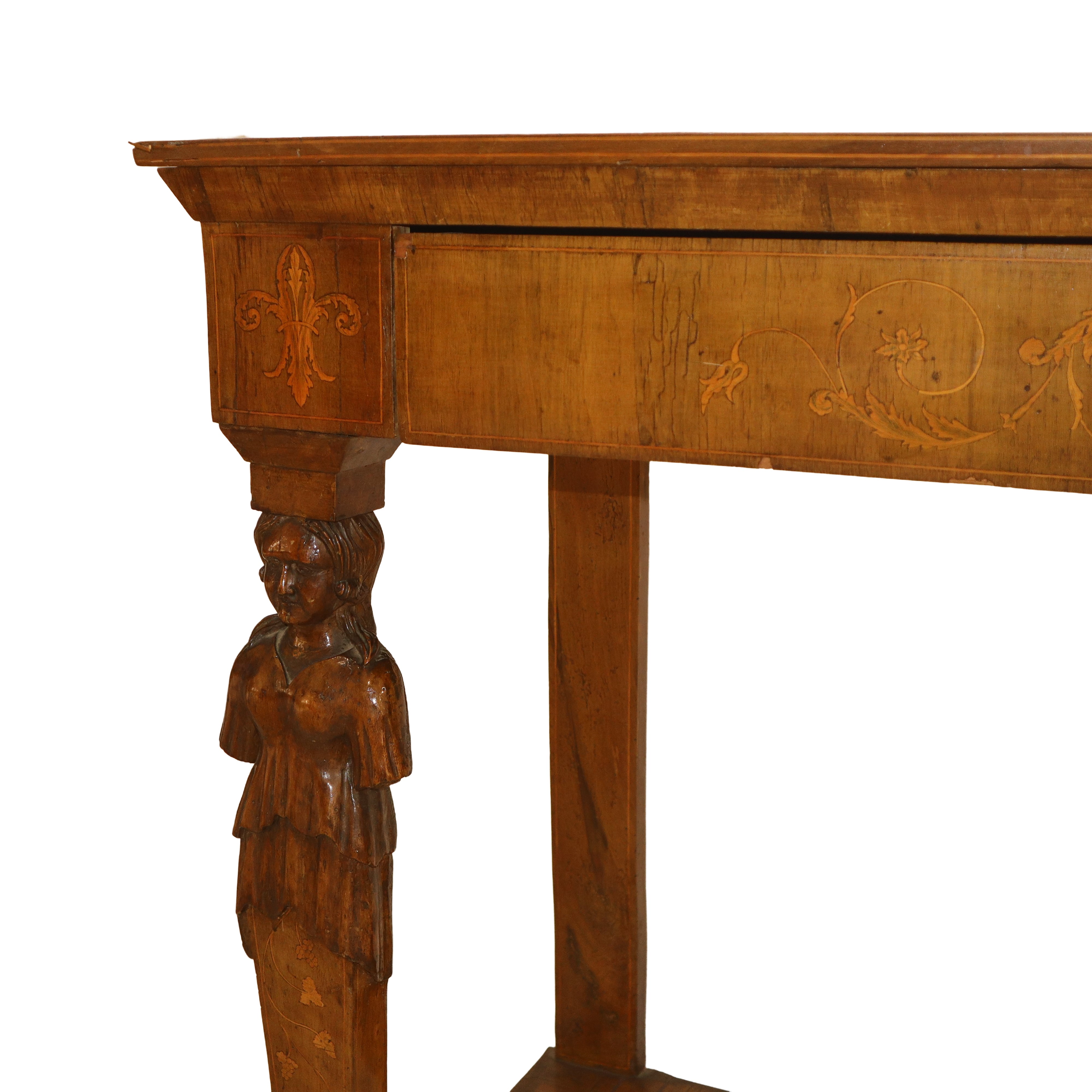 Consolle in Legno di Noce Intarsiata a Motivi Vegetali