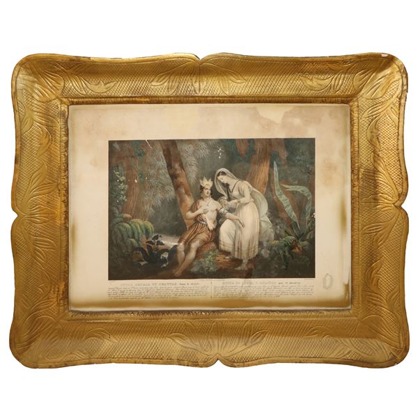 19th Century Printed Gilded Wood Tray Frame with Engraved Leaf