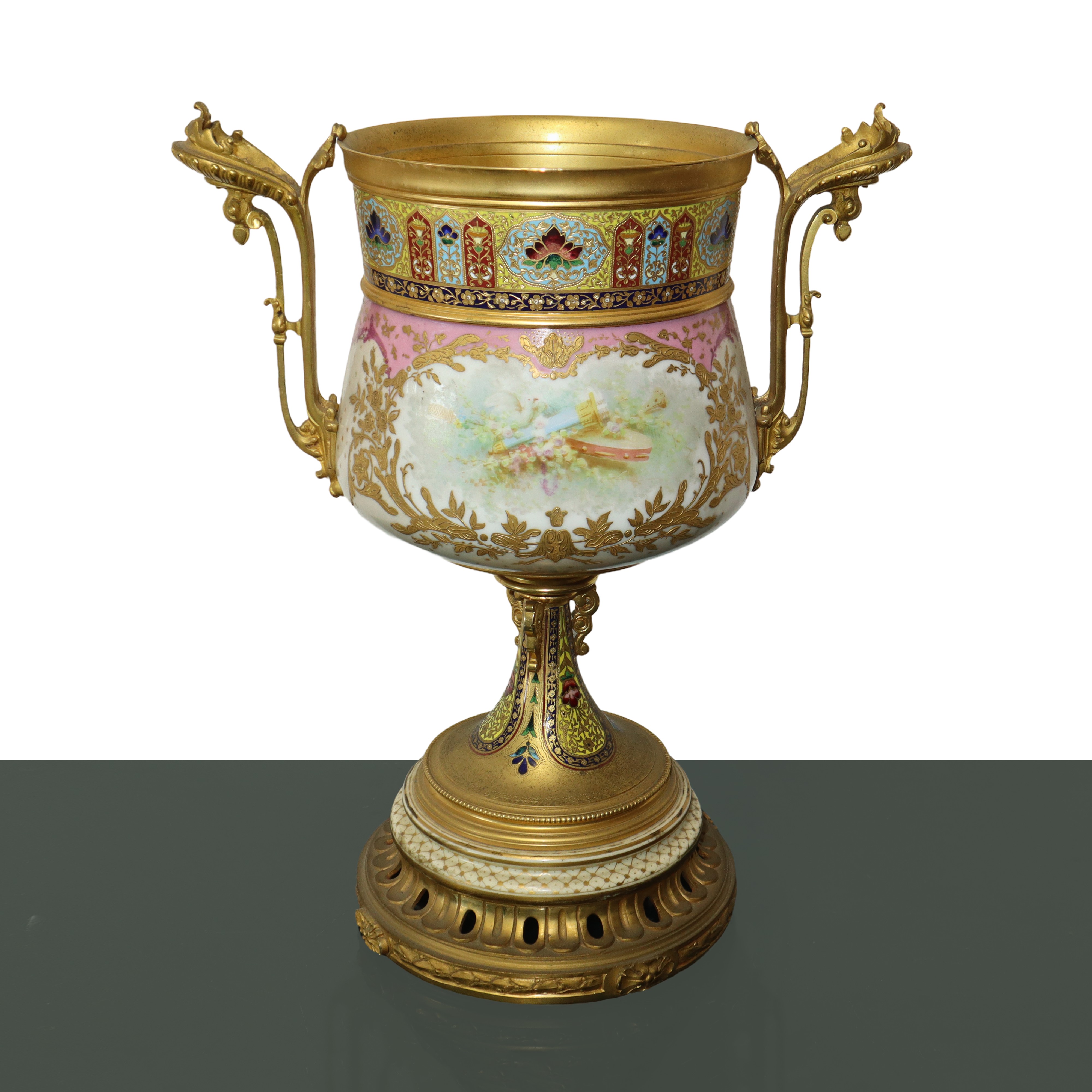 Elegante Coppia di Vasi in Porcellana di Sevres, Napoleone III in Metallo Dorato Ormolu con Smalt...