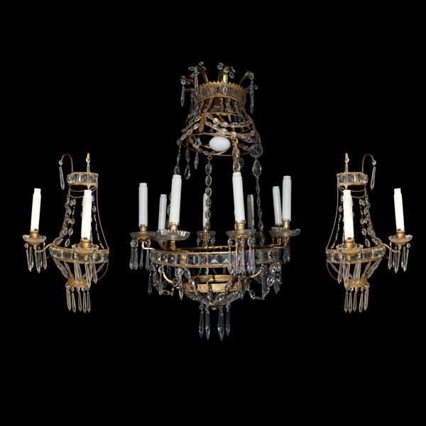Chandelier with pair of appliques with gold metal structure and brindoli