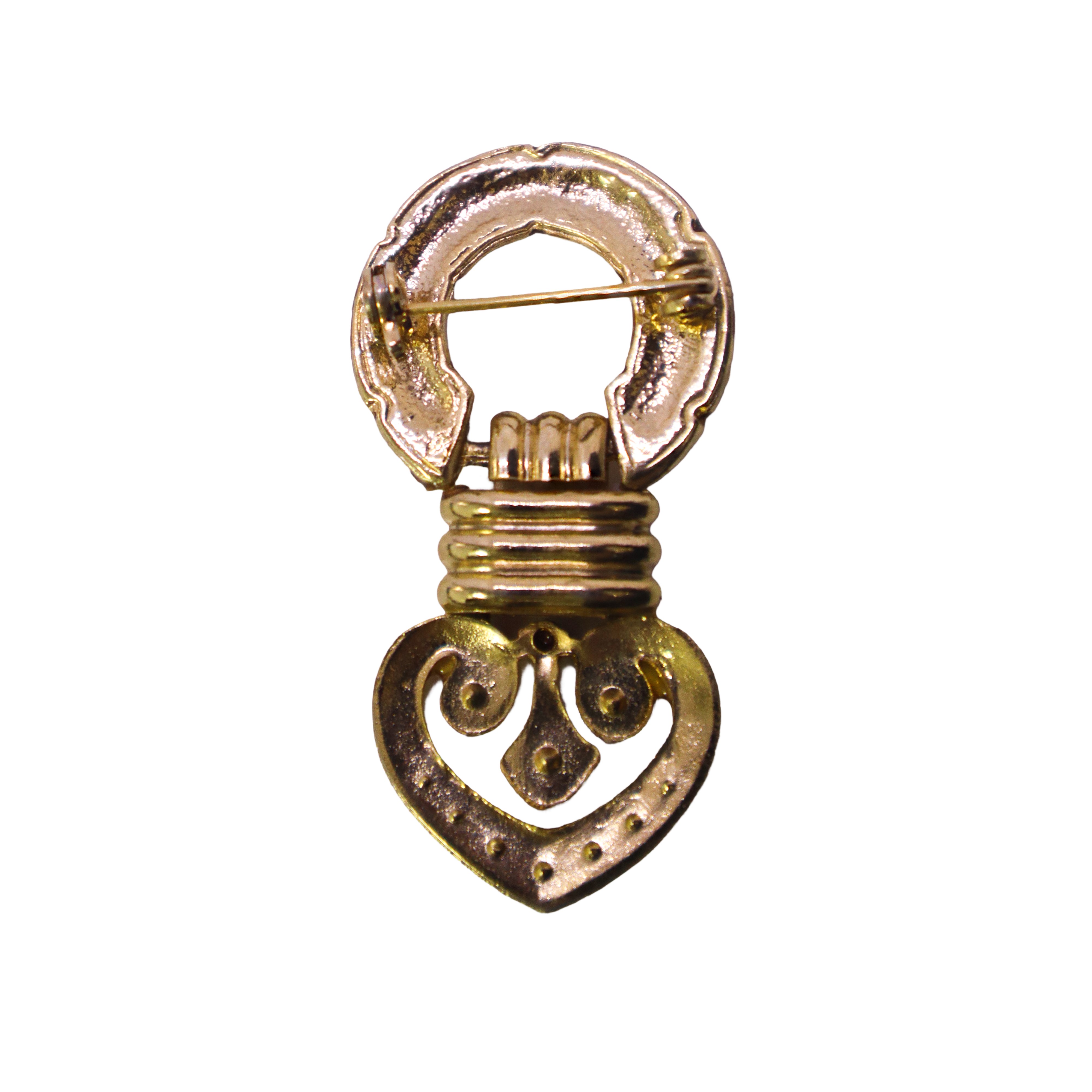 Spilla dorata con strass e cuore pendente