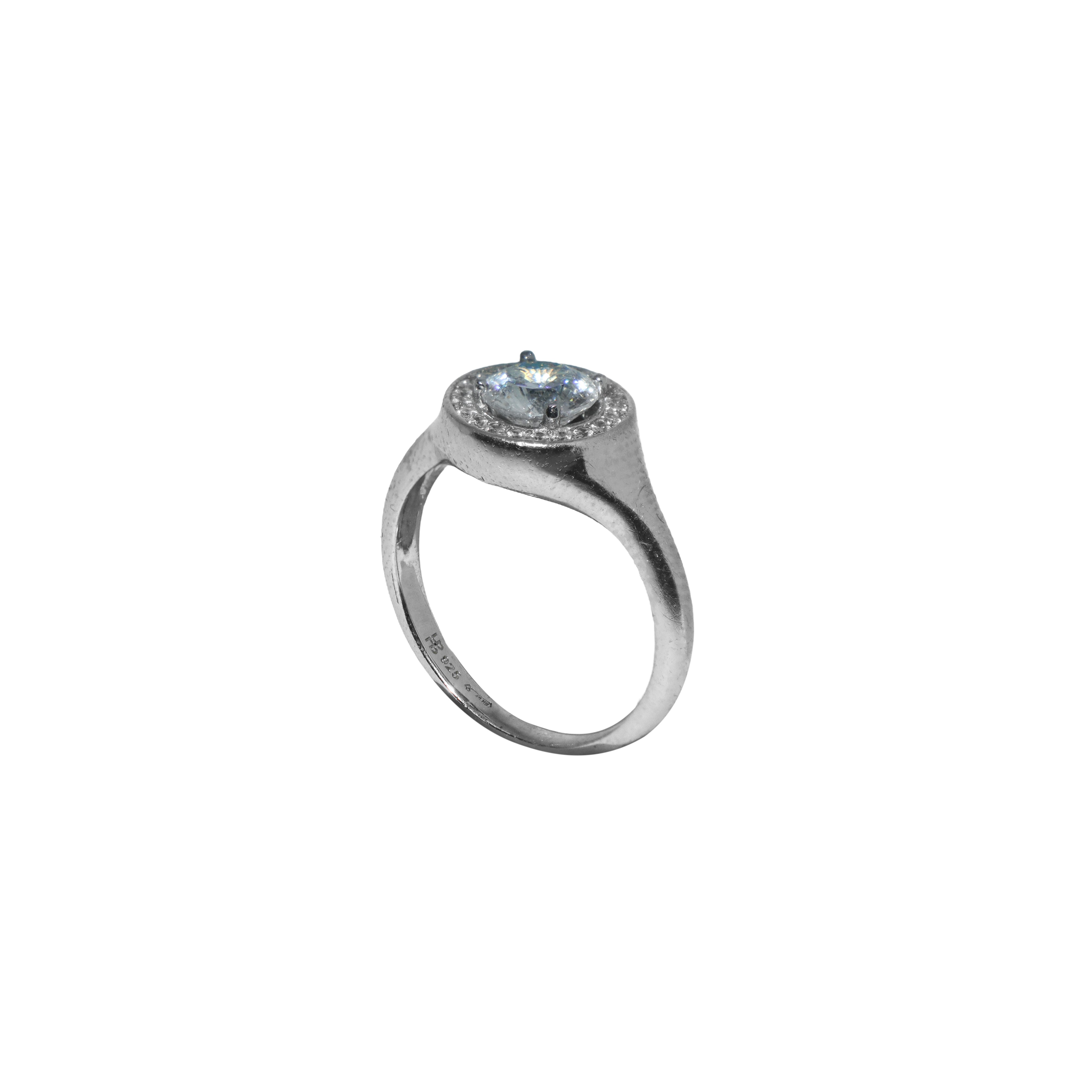 Anello in argento con pietra sintetica centrale circolare circondato da in cerchio di zirconi