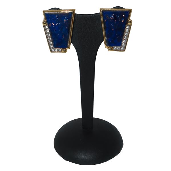 Orecchini vintage a clip in metallo dorato pietra blu e strass