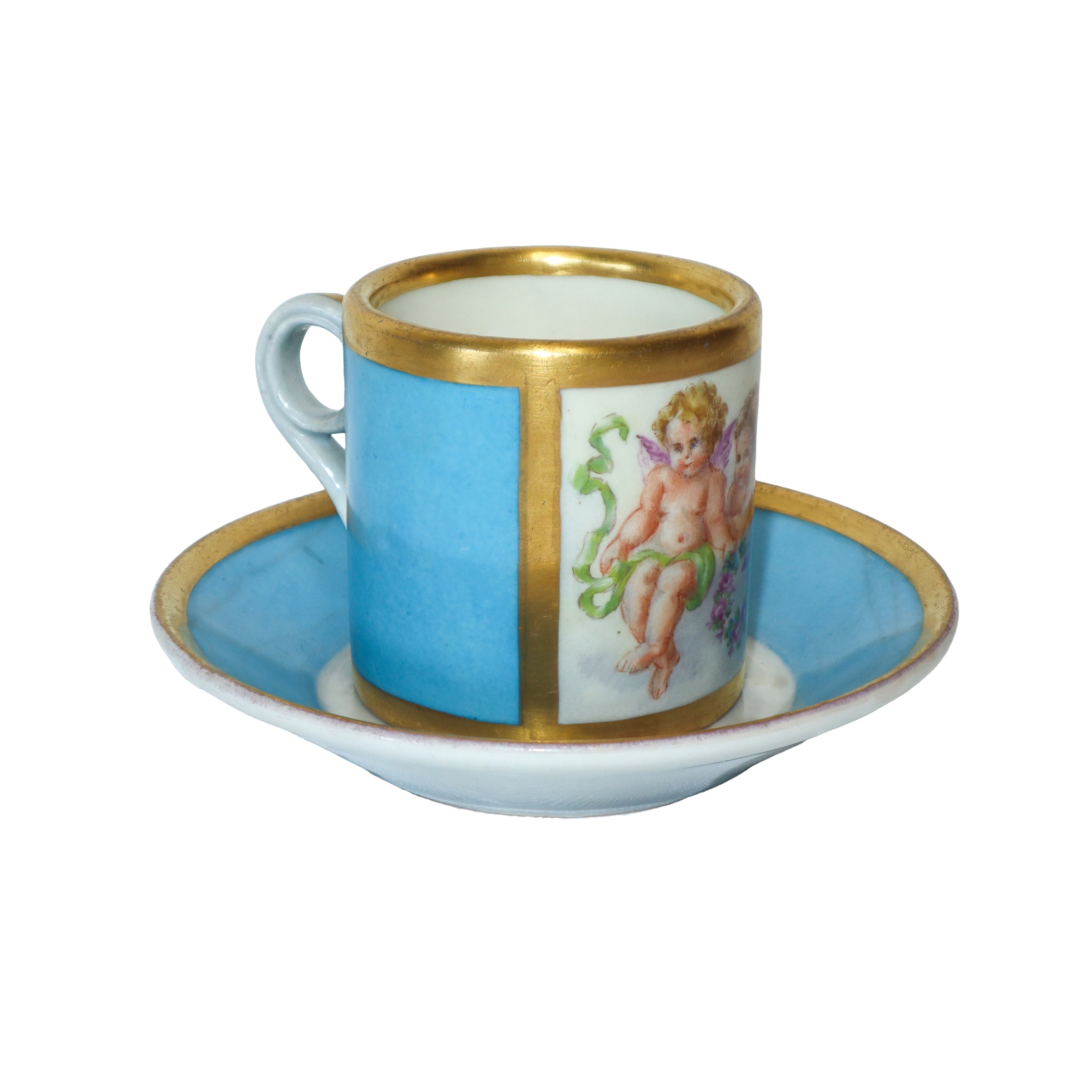 Sei tazzine con piattino in porcellana Sevres dipinte con putti