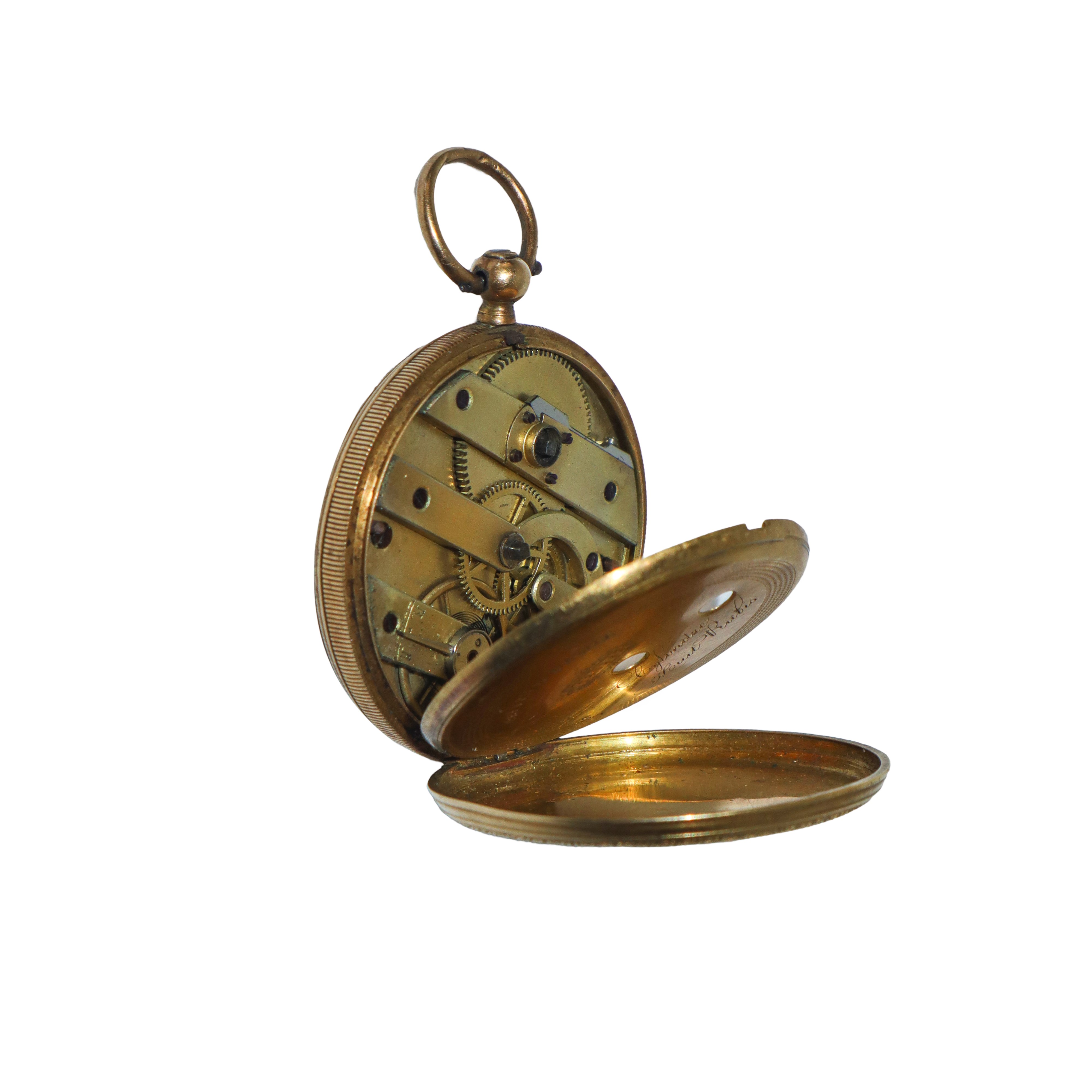 Orologio da collo o da taschino in smalto antico in oro con frammenti di diamanti a doppia cassa