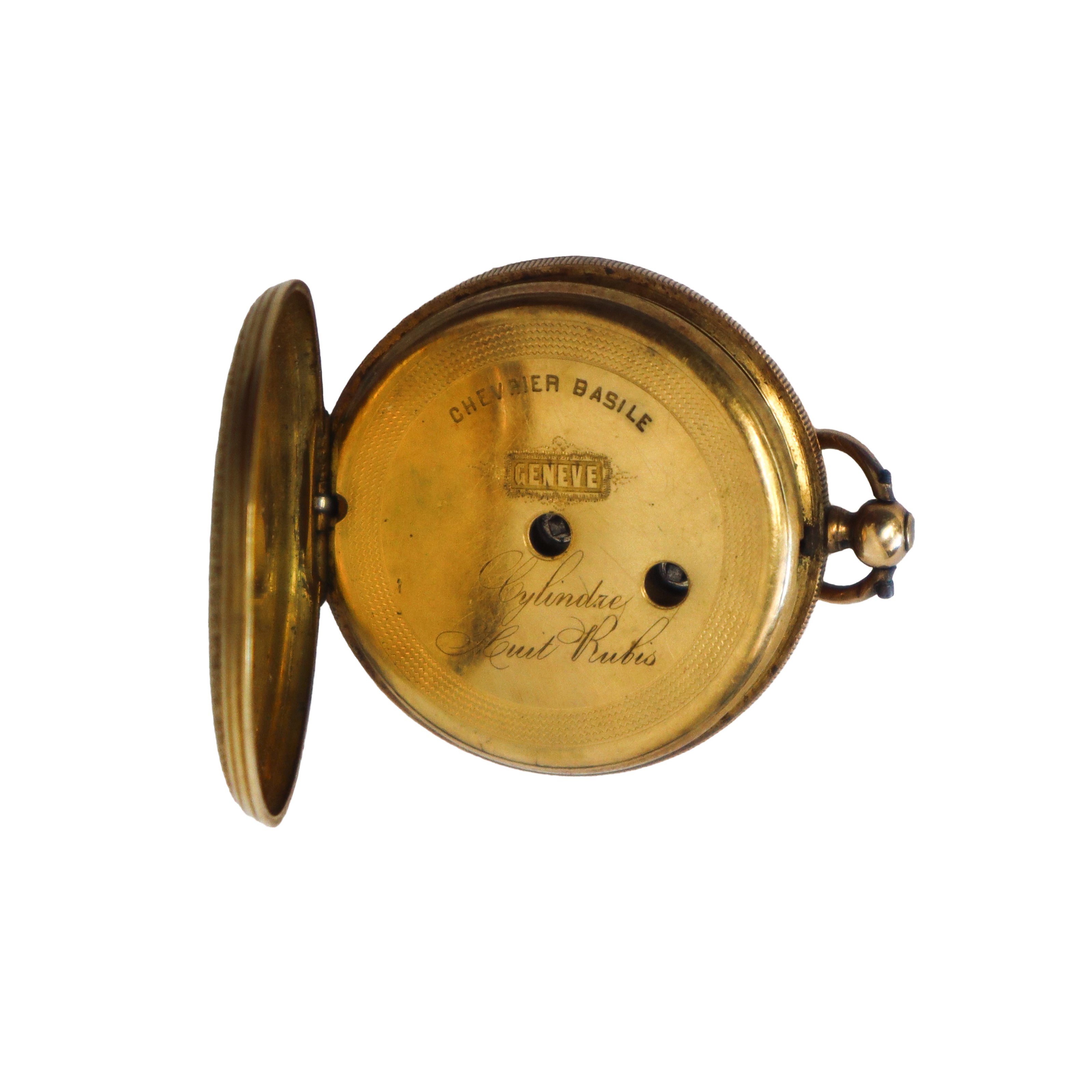 Orologio da collo o da taschino in smalto antico in oro con frammenti di diamanti a doppia cassa