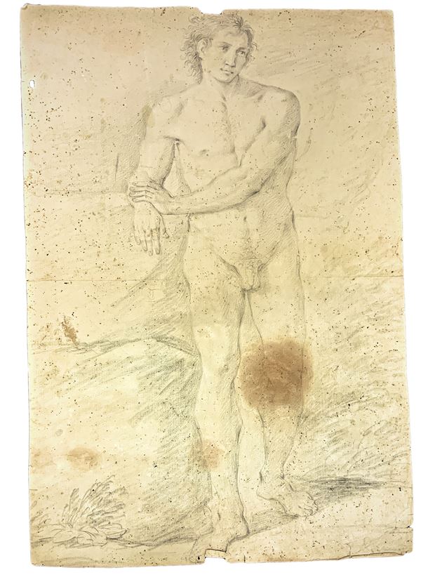 Disegno a matita su carta antica vergellata con filigrana circolare con giglio raffigurante nudo maschile in piedi.  Mm 560x380