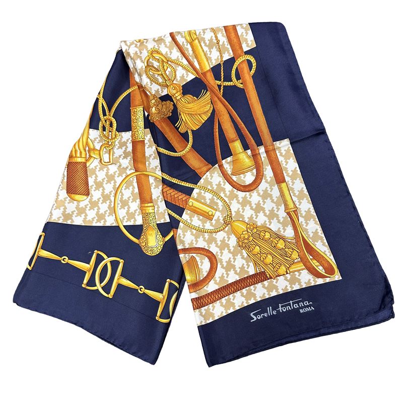 Foulard in seta fondo blu stampe oro