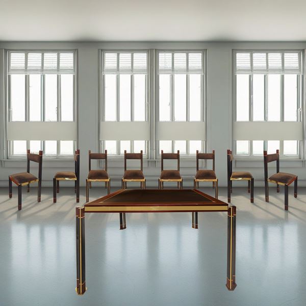 Square table and 8 chairs in brass covered in lacquered and inlaid wood