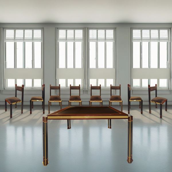 Paolo Barracchia  per Roman Dec&#242; - Square table and 8 chairs in brass veneered in mahogany and padouk with maple wood inlays