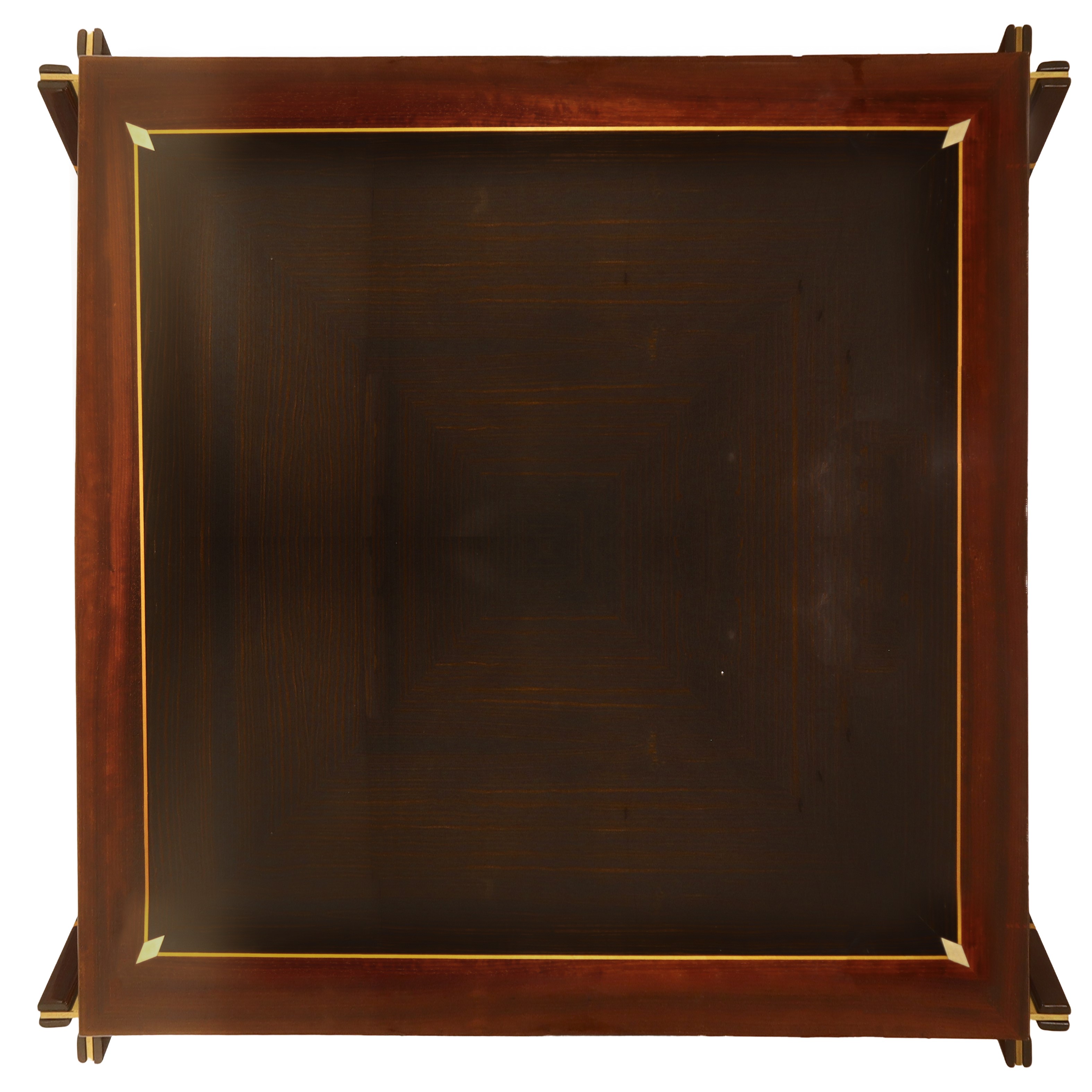 Tavolo quadrato e 8 sedie in ottone impiallacciato in mogano e padouk con intarsi in legno d'acer...