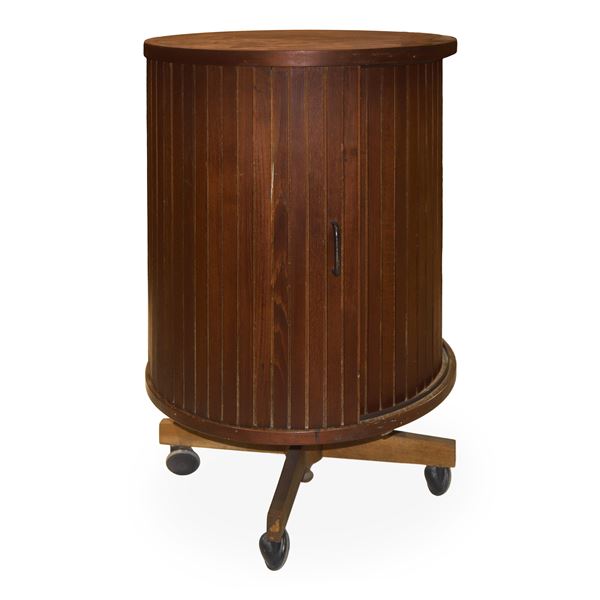 Mobile bar, girevole in teak con serranda scorrevole piede a quattro razze con rotelle