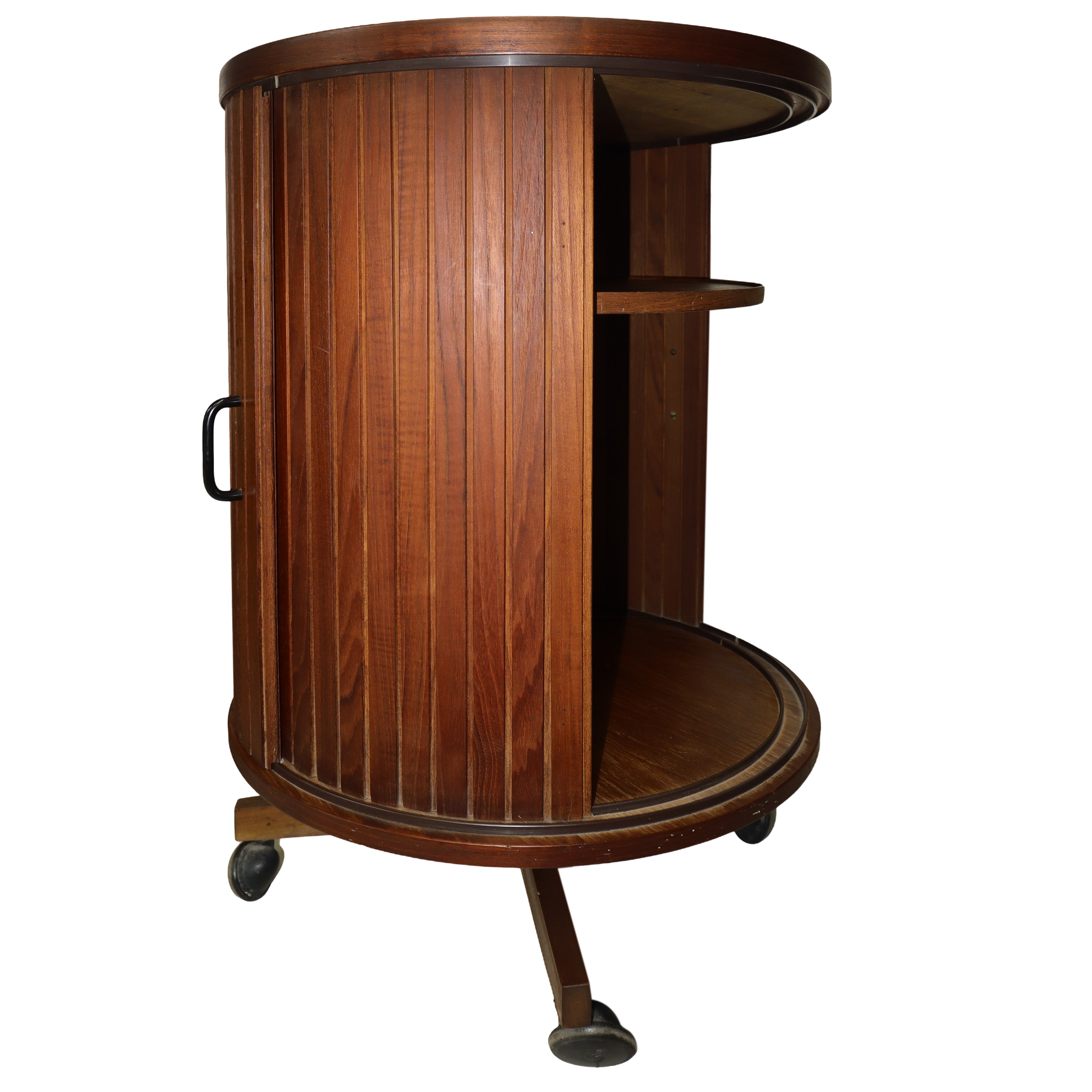 Mobile bar, girevole in teak con serranda scorrevole piede a quattro razze con rotelle