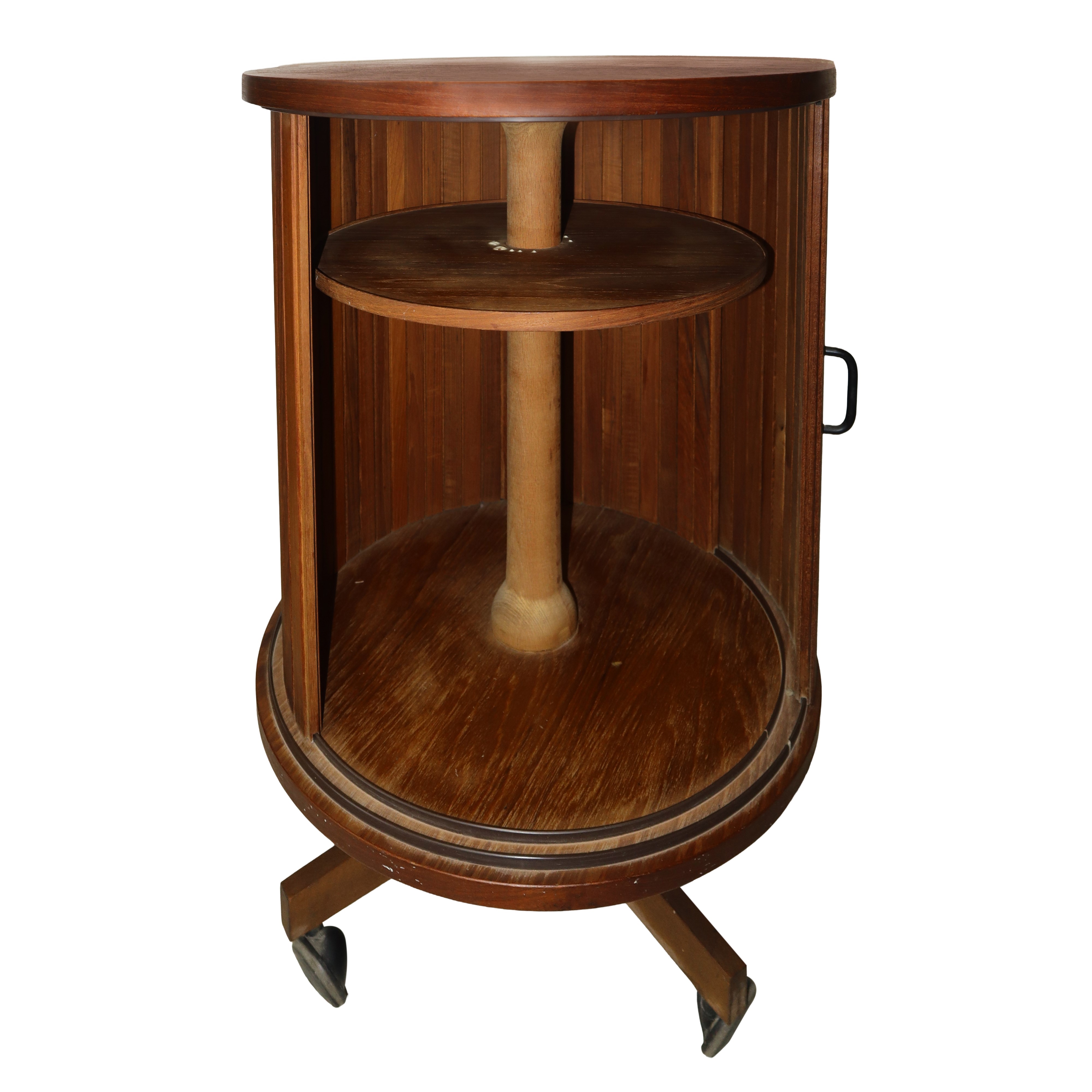 Mobile bar, girevole in teak con serranda scorrevole piede a quattro razze con rotelle