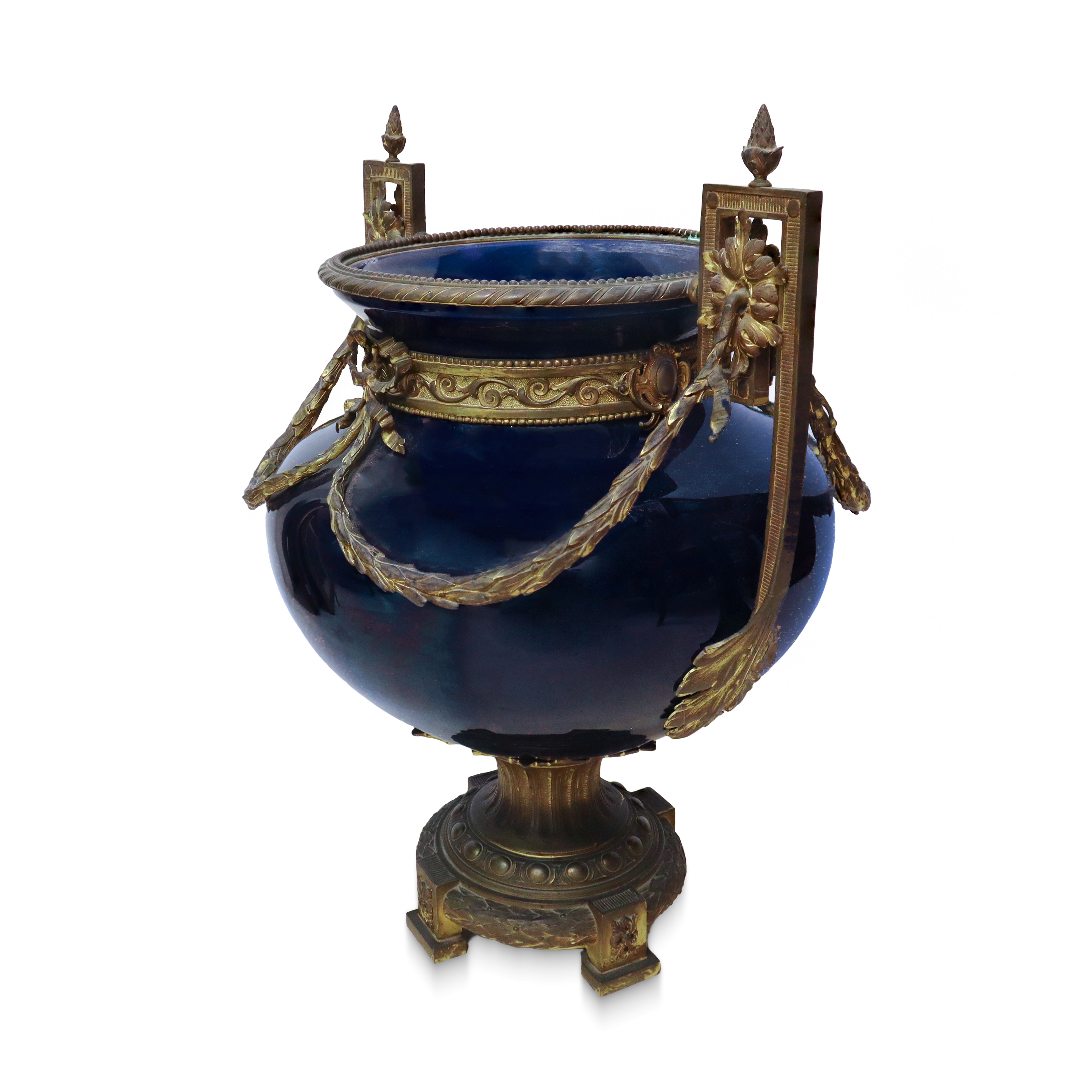 Grande Vaso Napoleone III in Porcellana Blu Stile Sevres con Applicazioni in Bronzo