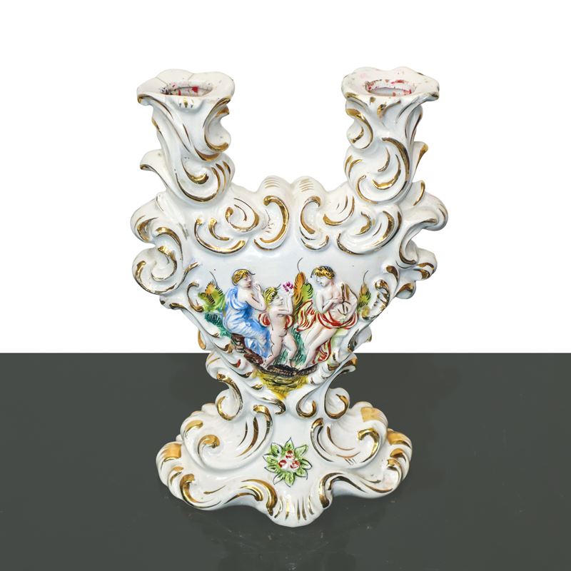 Capodimonte - Candelabro in maiolica policroma e dorata a due luci con personaggi mitologici