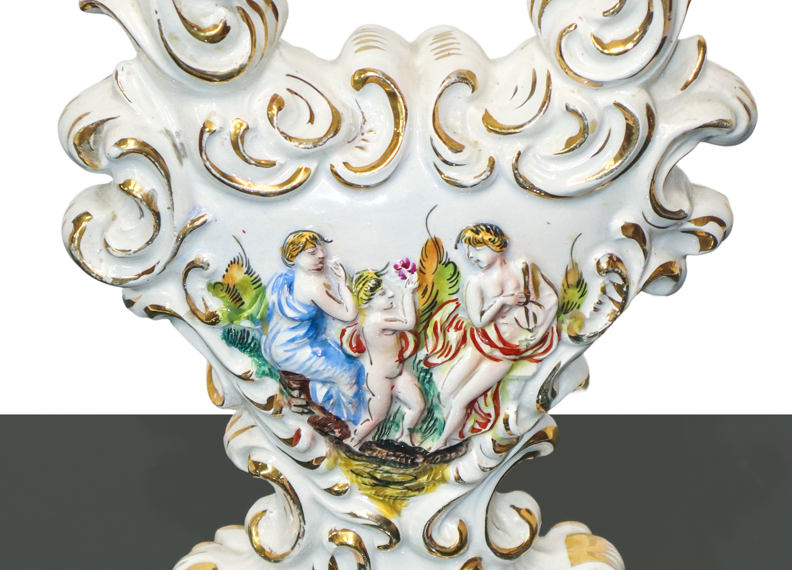 Capodimonte - Candelabro in maiolica policroma e dorata a due luci con personaggi mitologici