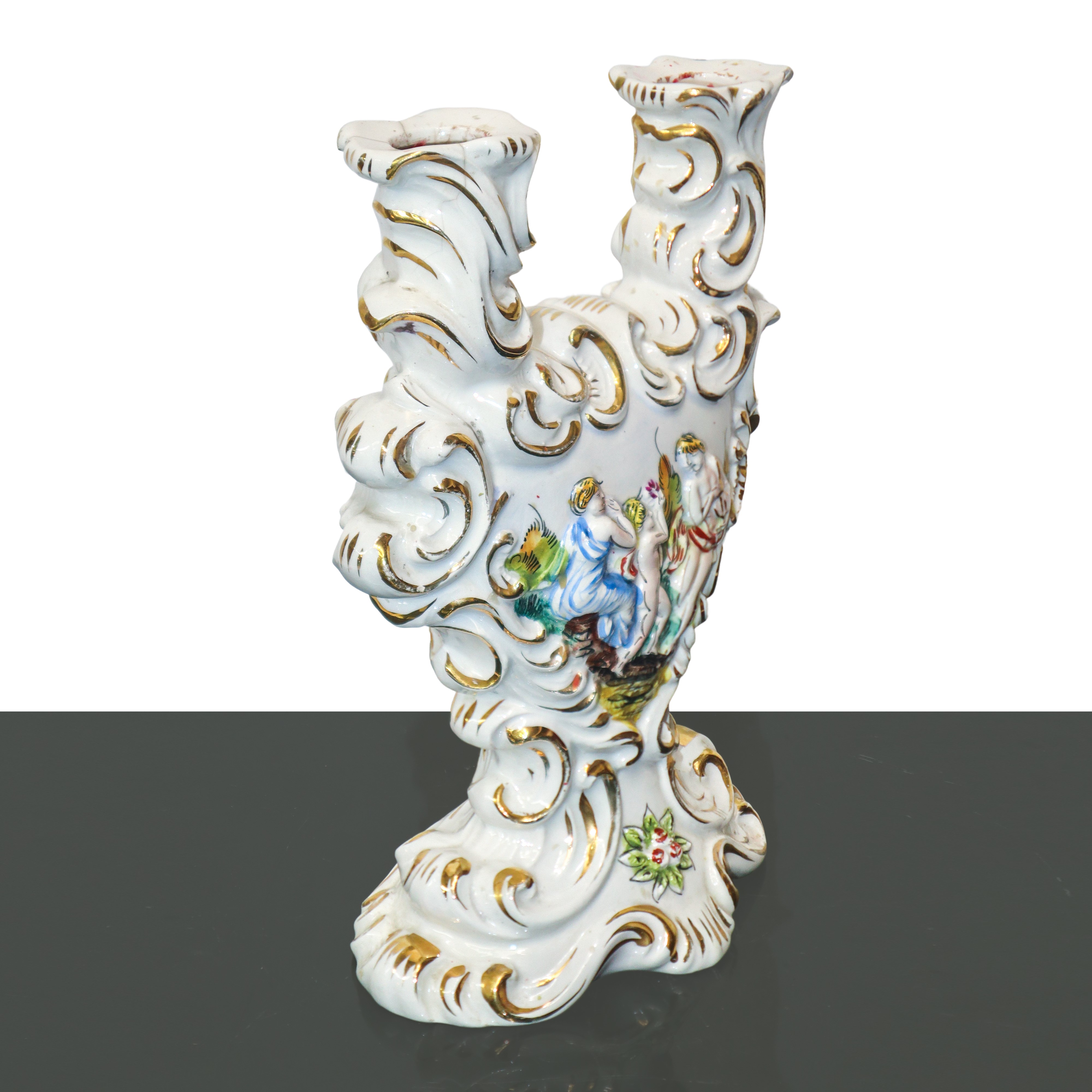 Capodimonte - Candelabro in maiolica policroma e dorata a due luci con personaggi mitologici