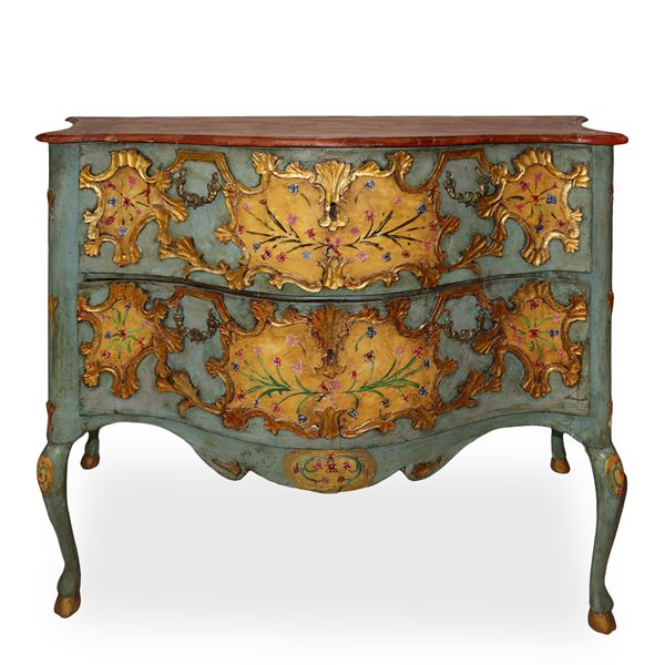 Louis XV chest of drawers lacquered and gilded with silver leaf and mixture