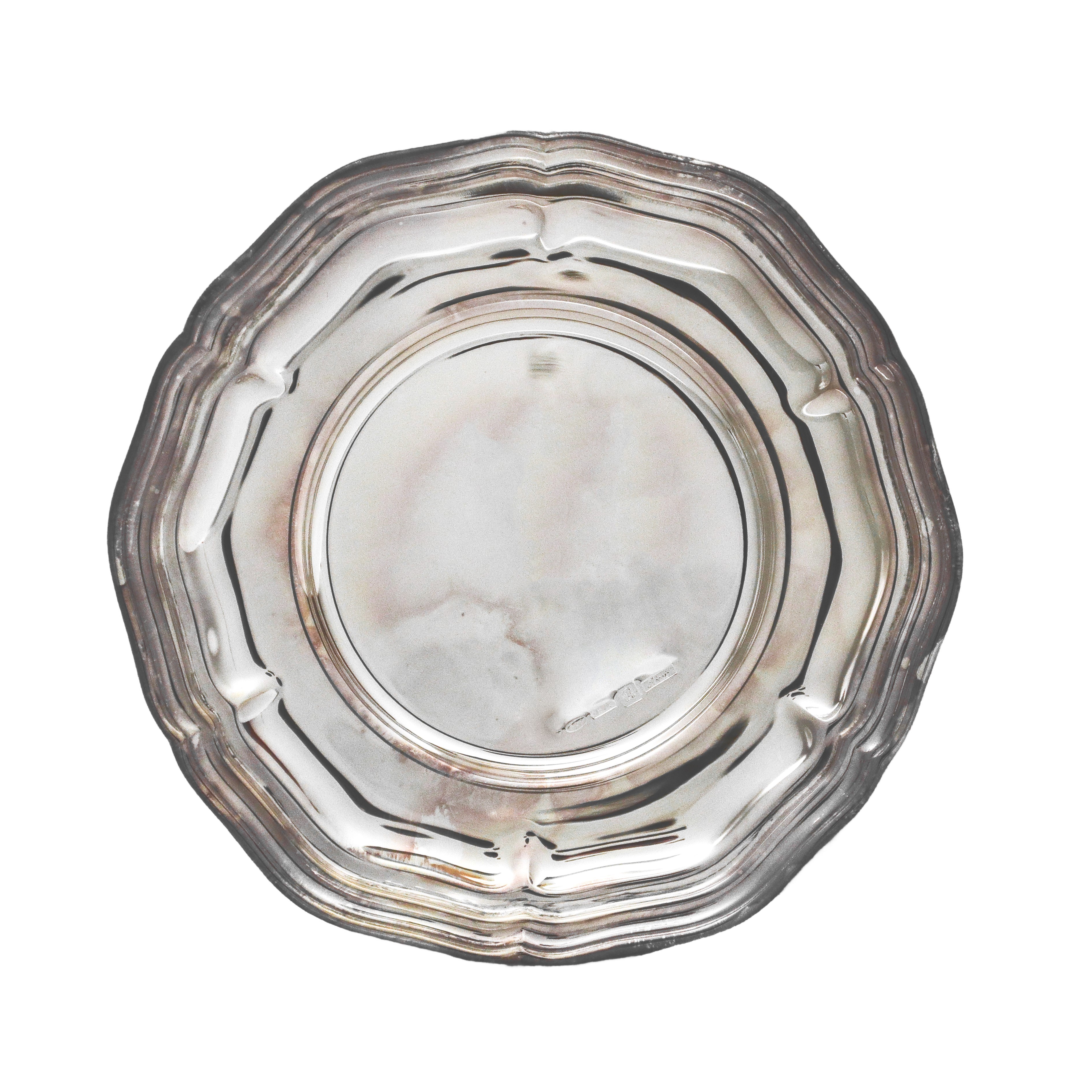 Sale e pepe in vetro con piattino in argento 800, Argentieri Ricci.