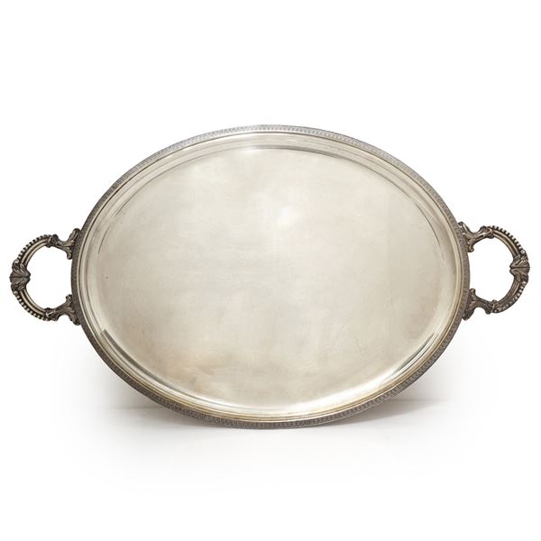Silver plated tray with handles and decorated edge