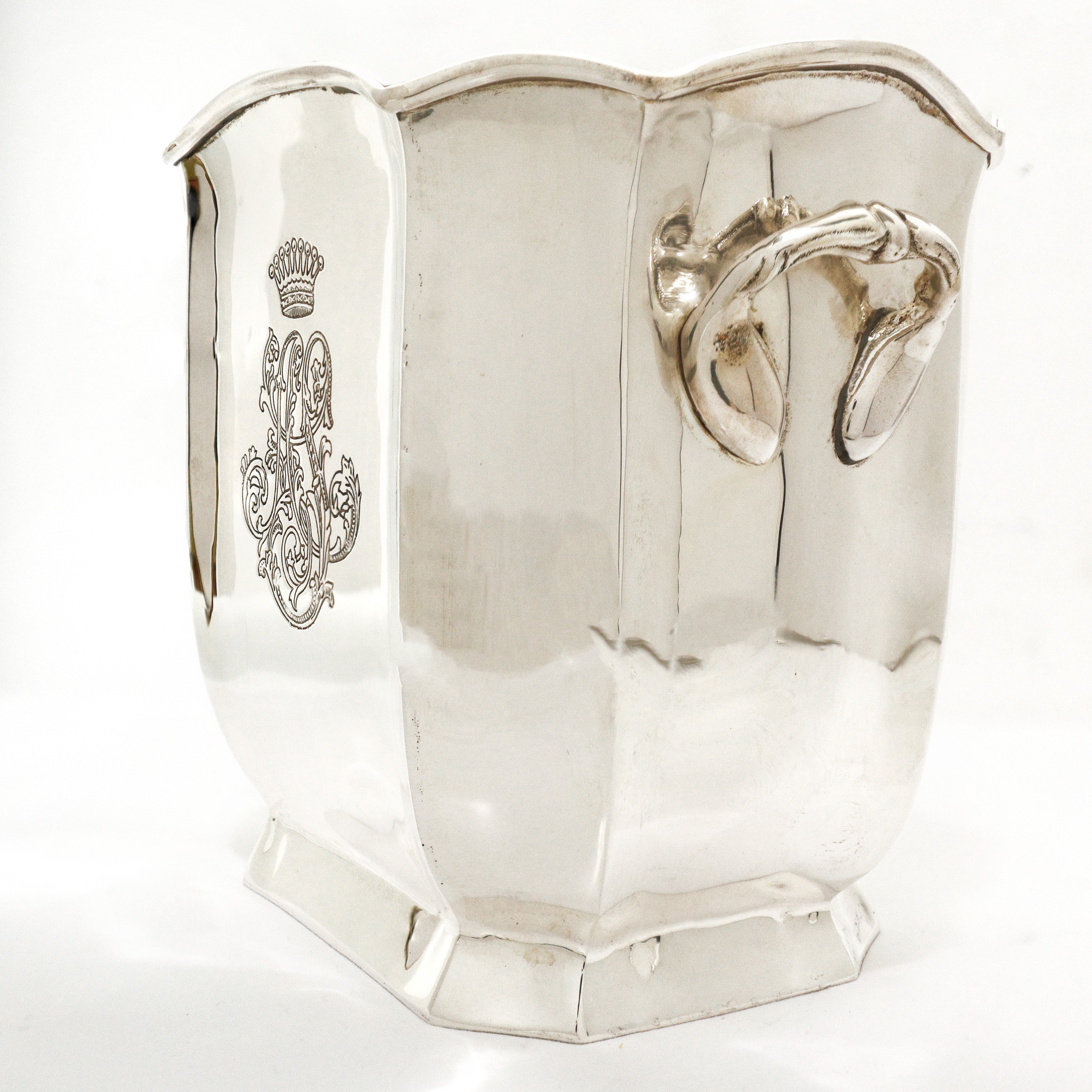 Secchiello porta ghiaccio in sheffield con decoro sul fronte e sul retro