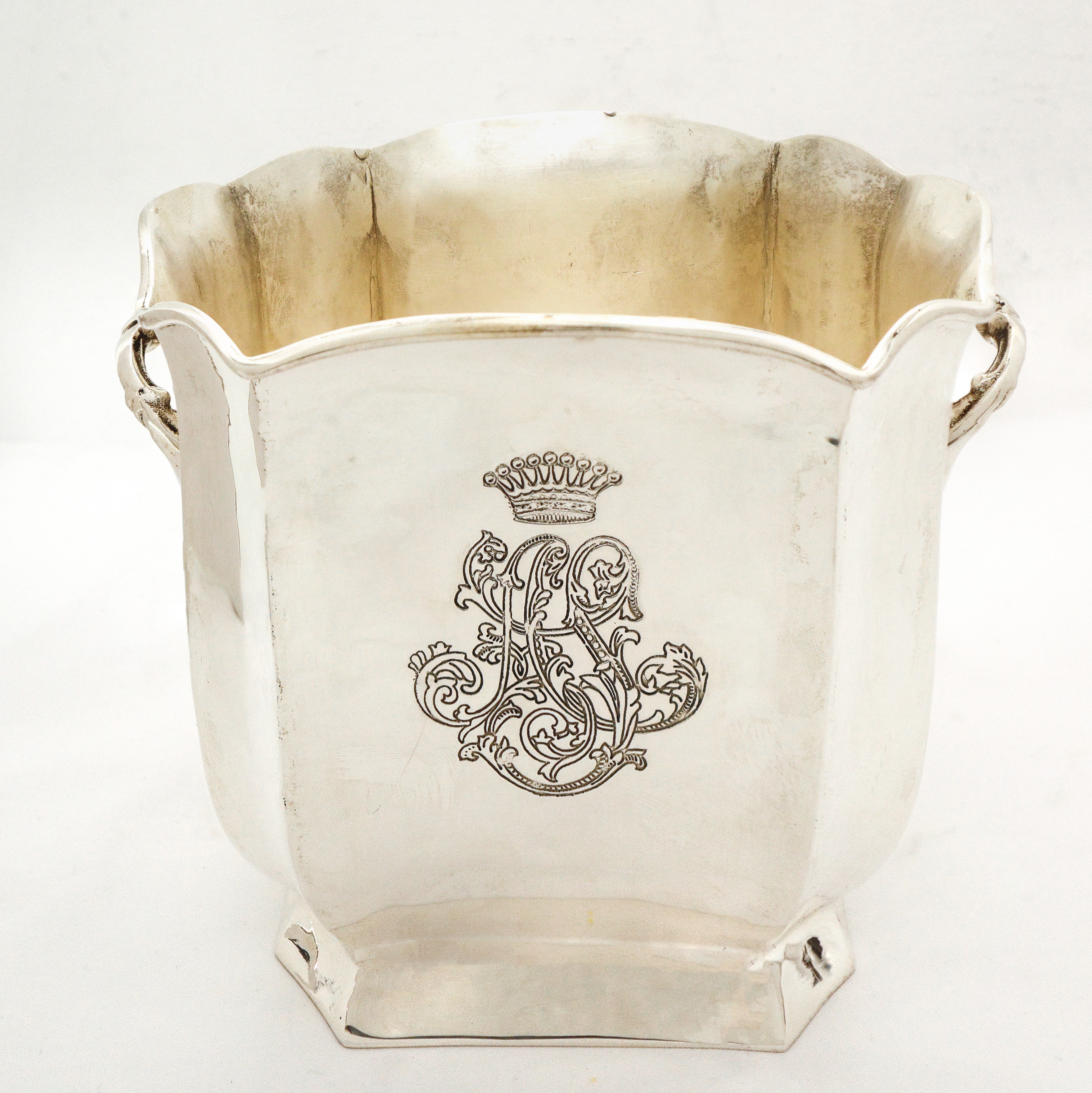 Secchiello porta ghiaccio in sheffield con decoro sul fronte e sul retro