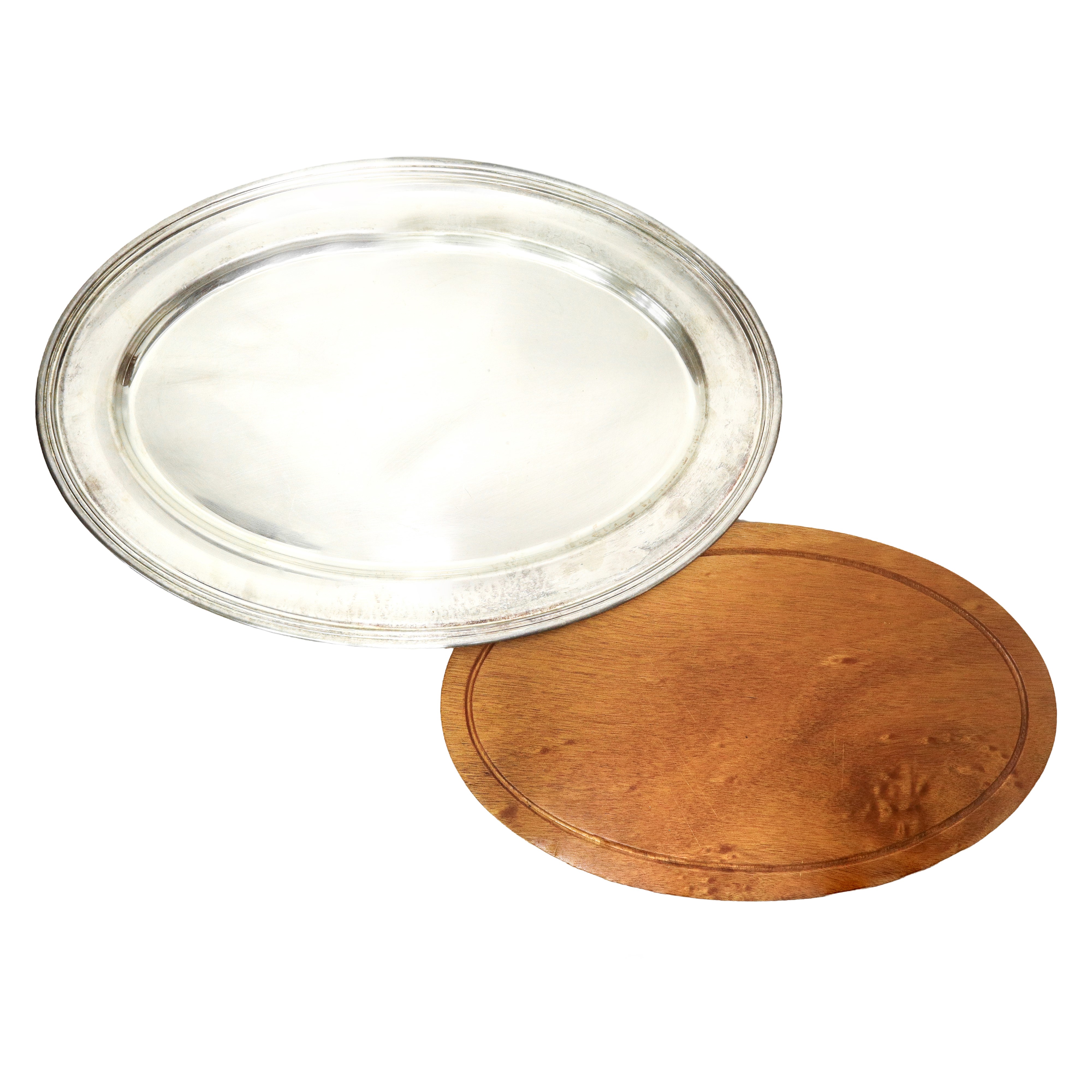 Vassoio ovale silver plated con tagliere in legno estraibile