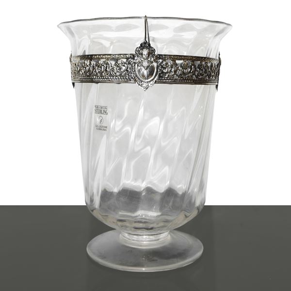 Maria Cristina Sterling - Vaso in cristallo "collezione connubio" con decoro floreale e con angeli al bordo in argento