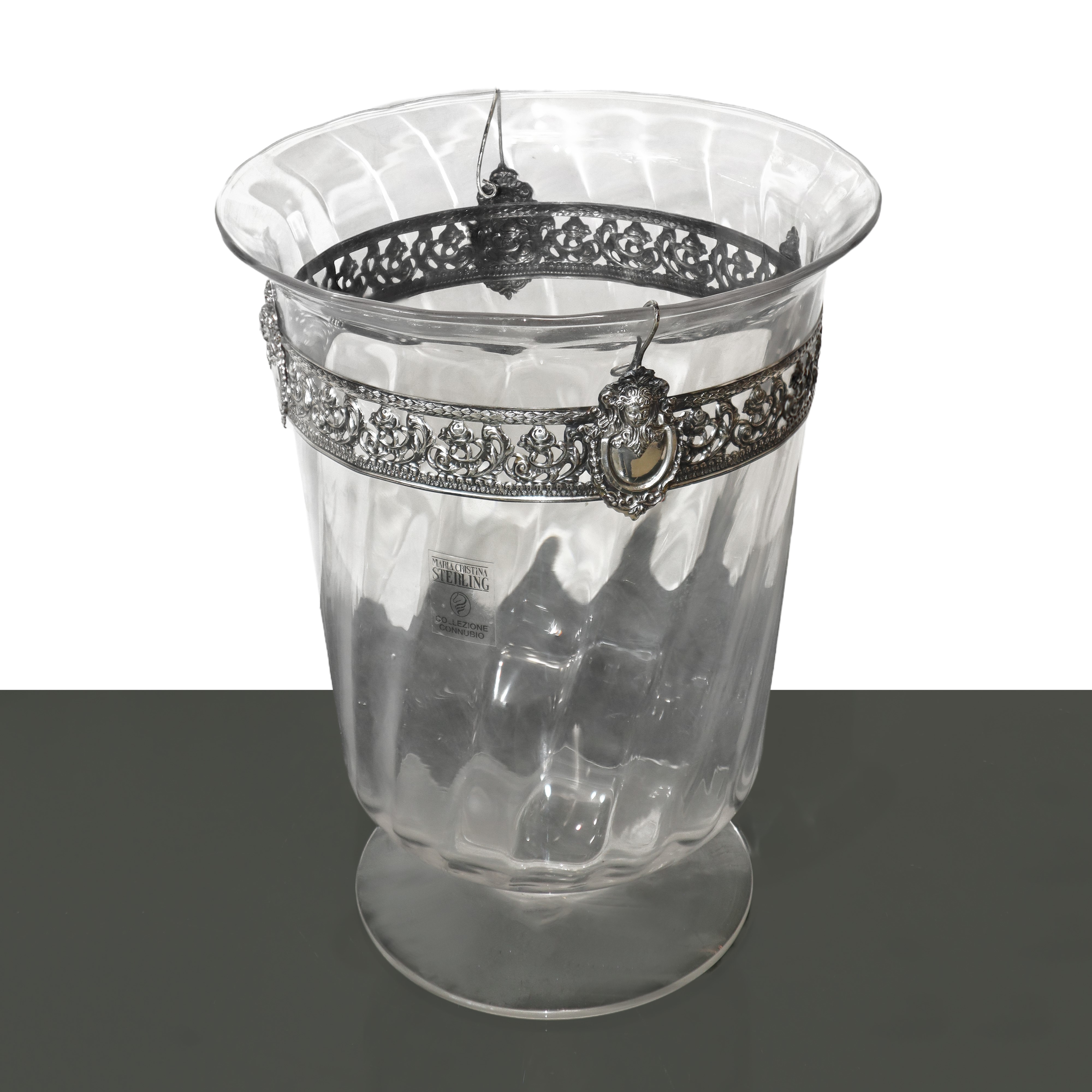 Vaso in cristallo "collezione connubio" con decoro floreale e con angeli al bordo in argento