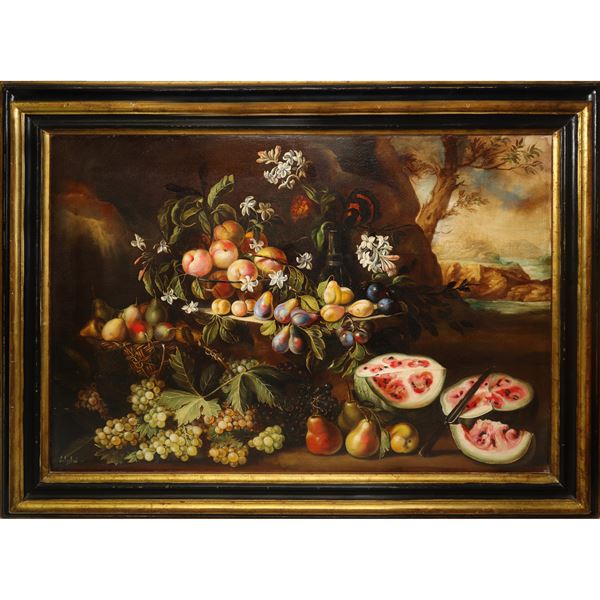 Ida Calzolari - Still life with peaches, watermelon, pears, grapes, jasmine and landscape in the background