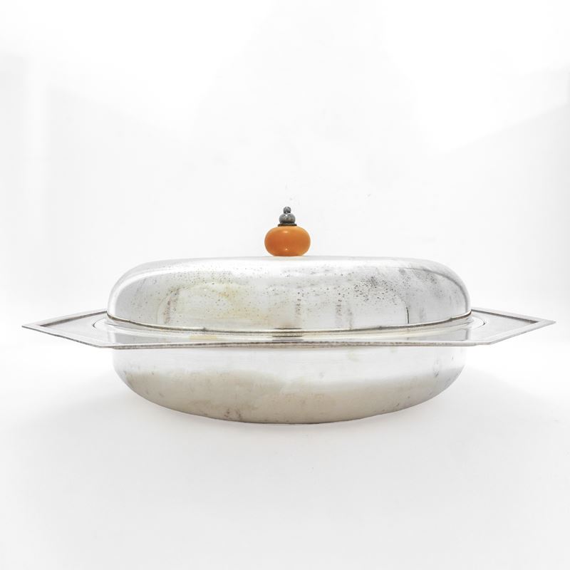 Pirofila ottagonale in Sheffield con piatto in ceramica, h 41 cm x 31 cm