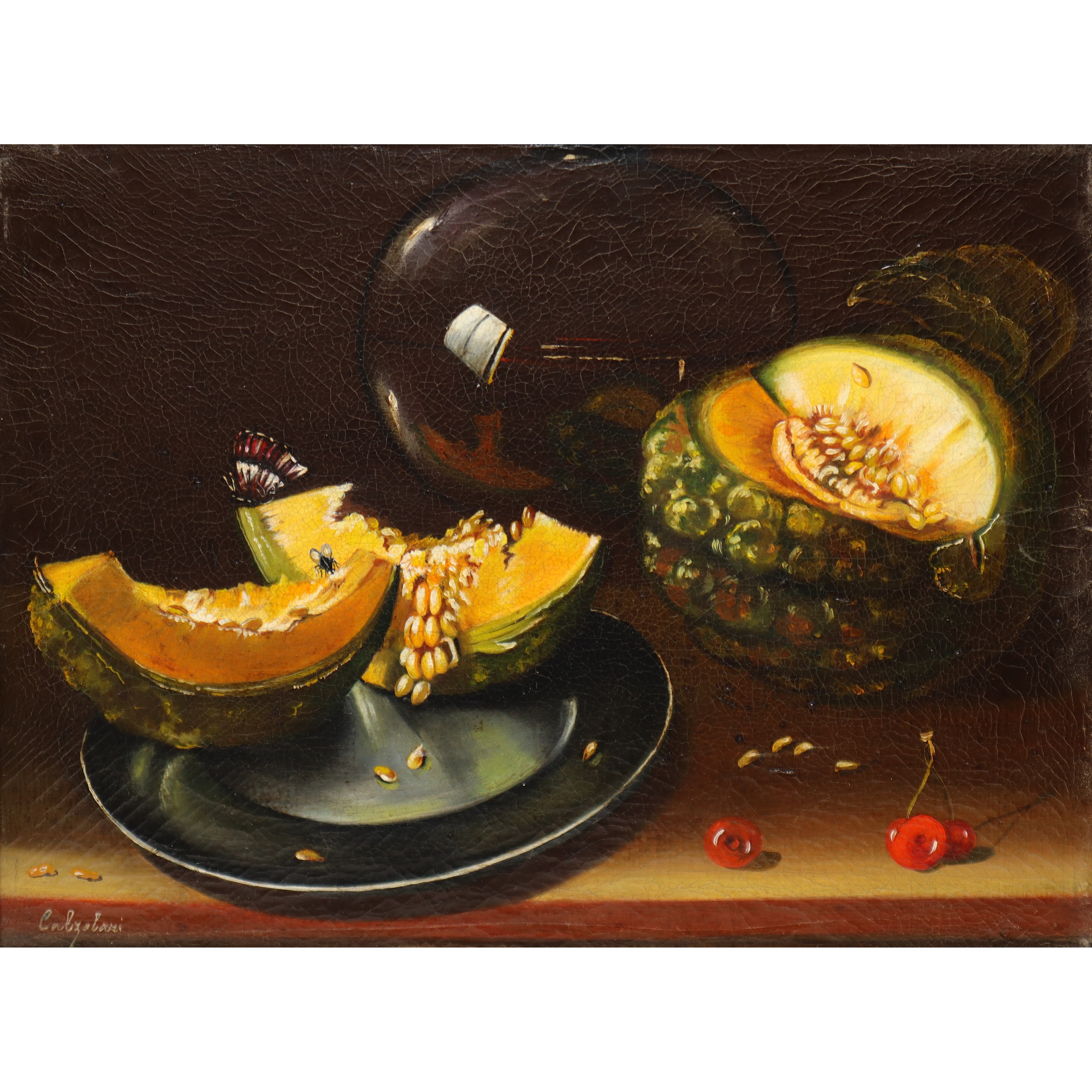 Ida Calzolari - Natura Morta con Melone, Ciliegie, Farfalla e Mosca