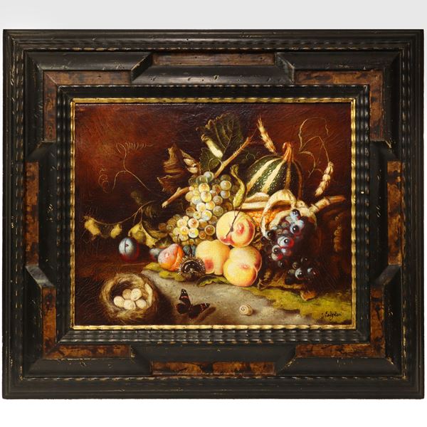 Ida Calzolari - Autumn still life with pears, chestnuts, corn cobs, grapes, pumpkin, eggs, butterfly and snail