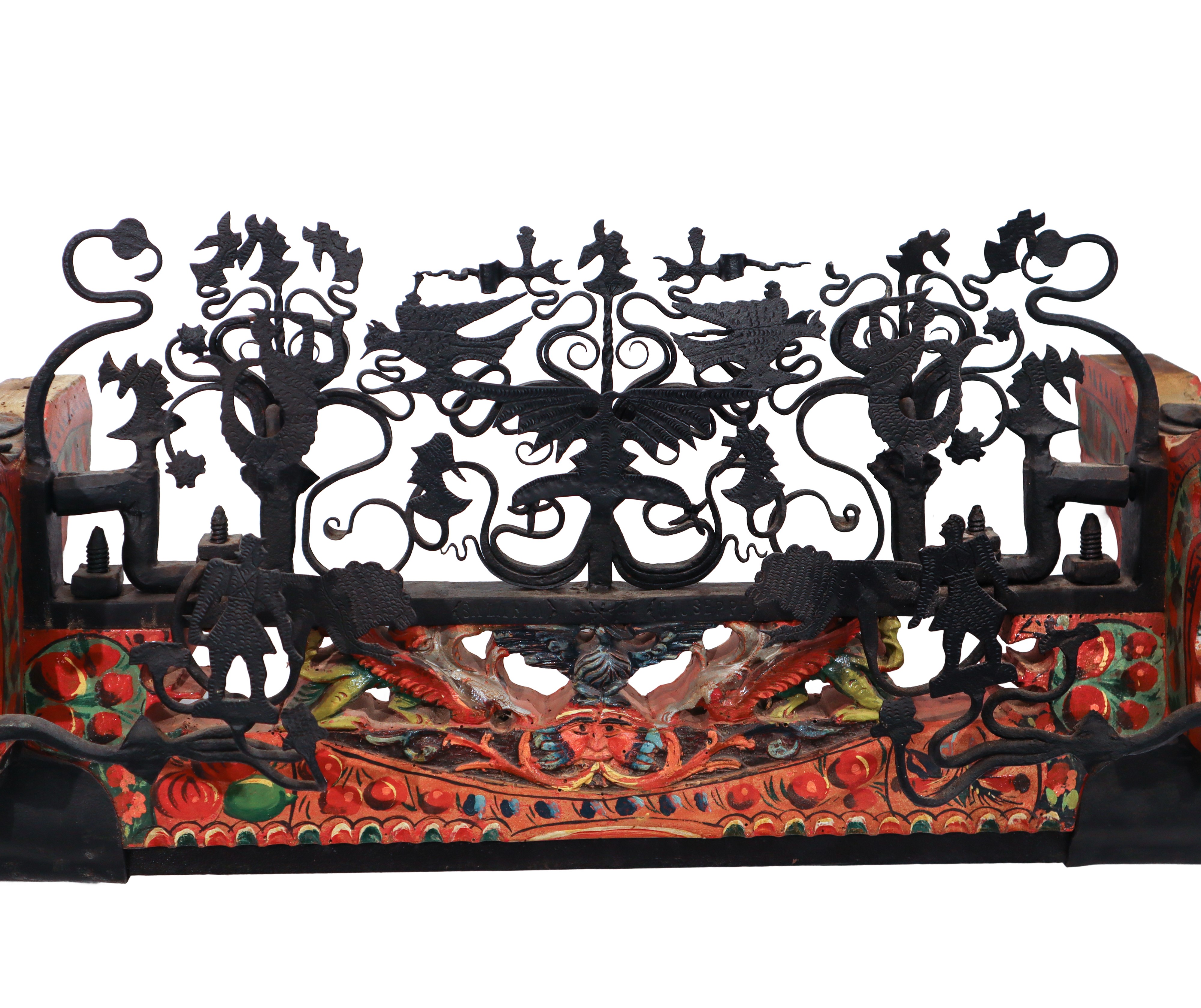 Frammento di carretto, cascia di fusu, in legno scolpito e dipinto con ferro forgiato in stile ba...