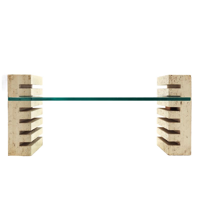 Tavolino basso in marmo travertino e vetro