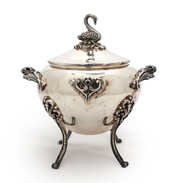800 silver sugar bowl with swan-shaped handle.