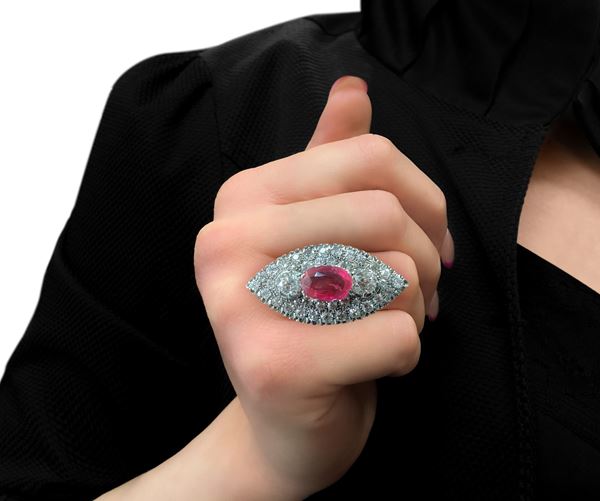 Ring with natural diamonds and synthetic corundum ruby variety