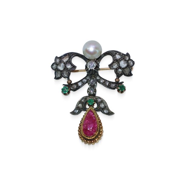 Brooch with pearl, diamonds, emeralds and teardrop ruby