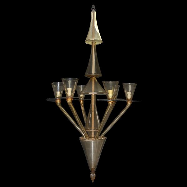 Six-light deco chandelier in Murano glass.