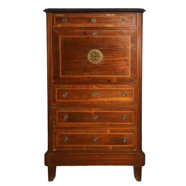Secretaire with drawer at the top, central flap covering internal chest of drawers and three low drawers. Inlays and fillets on the front 