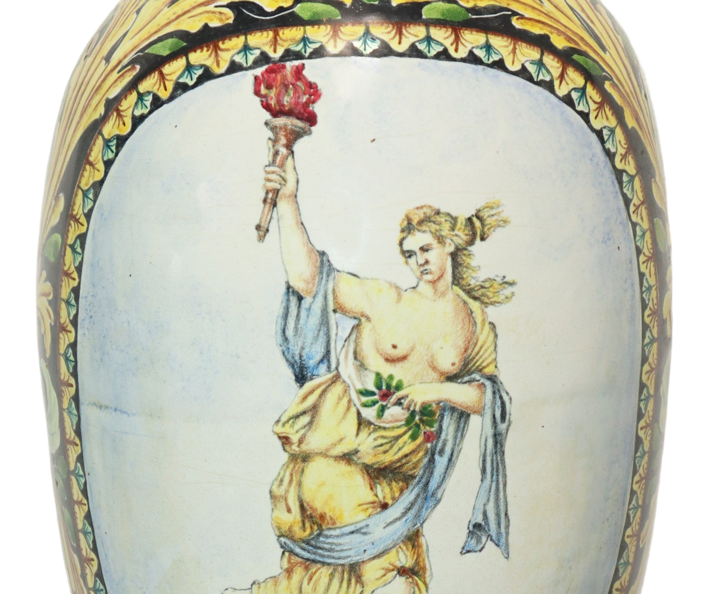 Grande vaso in maiolica di Caltagirone con raffigurazione di Donna con fiaccola, Bottega Di Barto...