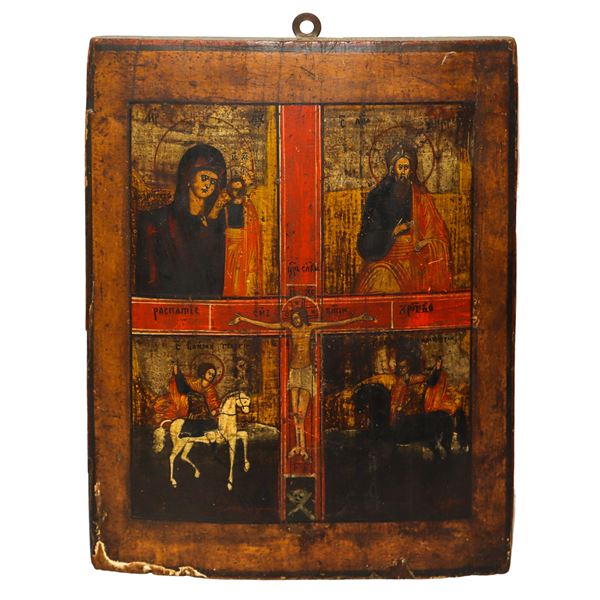 Icon depicting Christ on the cross with the Madonna, two Saints and Jesus