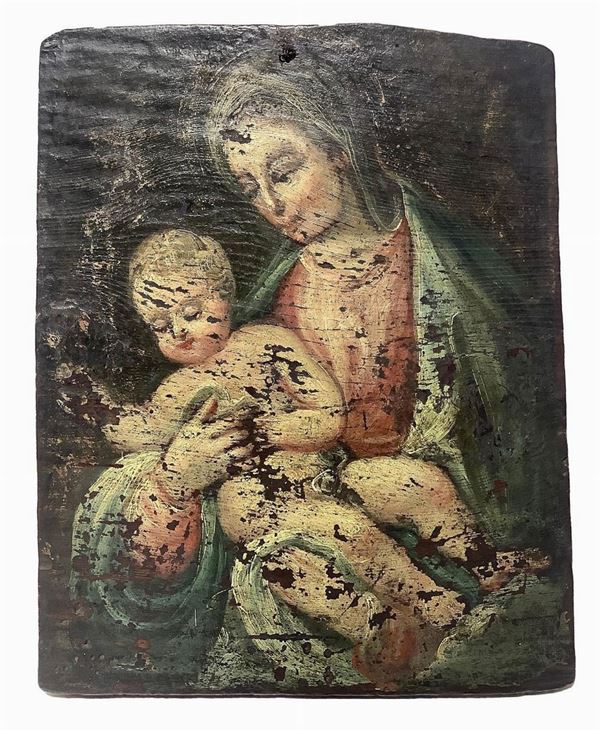 Frammento di dipinto ad olio su tavola raffigurante Madonna con bambino, pittore italiano del XVI secolo, cm 43x36, spessore cm 2. Cadute di colore